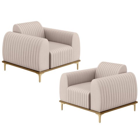 Kit 02 Poltronas Decorativas Base De Madeira e Pés D'Ouro Molino D02 Veludo Bege C-309 - Lyam