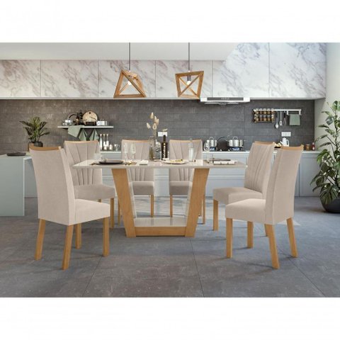 Mesa 1,70 Apogeu com Vidro e 6 Cadeiras Apogeu Amendoa Clean/off White Lopas