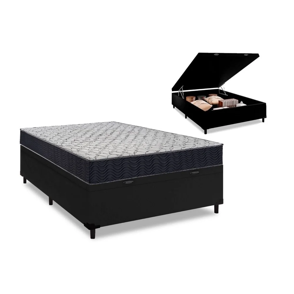 Cama Box Baú Casal Preto + Colchão de Espuma D45 - Ortobom - Airtech 150 60x138x188cm - 2