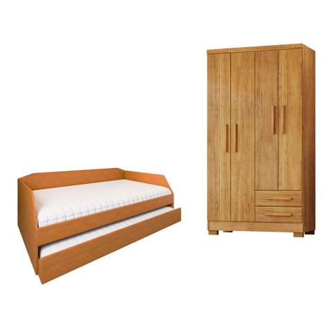 Kit Quarto Bicama Duo + Cama Auxiliar + Guarda-Roupa Paris 4 Portas Casal Nature Off White
