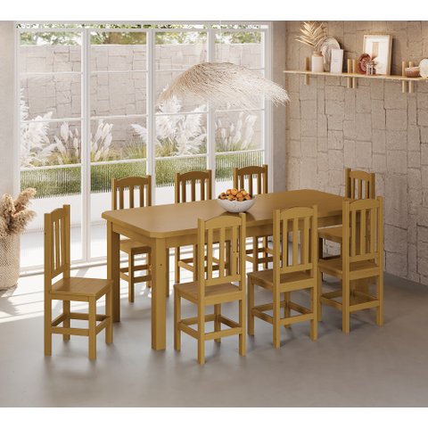 Conjunto Mesa de Madeira Maciça Mel 200x88+ 8 Cadeiras Sfa