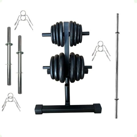 Kit Musculação com Suporte + 50 Kg de Anilhas Ferro com Barras