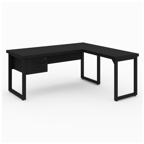 Mesa em L Pé Quadro (Mesa 1,50m + Mesa Auxiliar) - c/ Gavetas - Preto / Preto - 26210