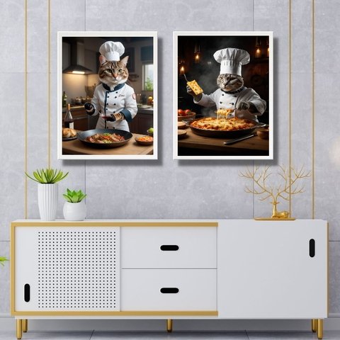 Kit 2 Quadros para Cozinha - Gatos Chefs 24x18cm:moldura Branca