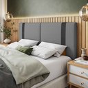 Ver imagem 1 de Cabeceira de Cama Casal 140 Cm Estodada Linho Cinza e Couro Sintético Preto