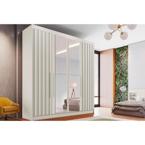 Guarda Roupa 4 Portas Ripadas (2 C/ Espelho) e 3 Gavetas Potente Off White - Europa
