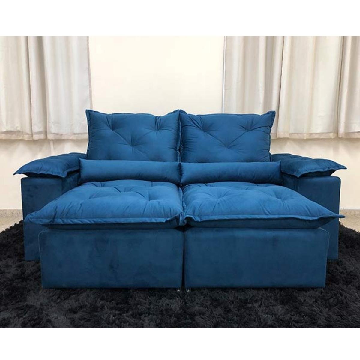 Sofa Reclinavel Retratil Design Elegante Athena 2,30m Veludo Cor:Azul - 6