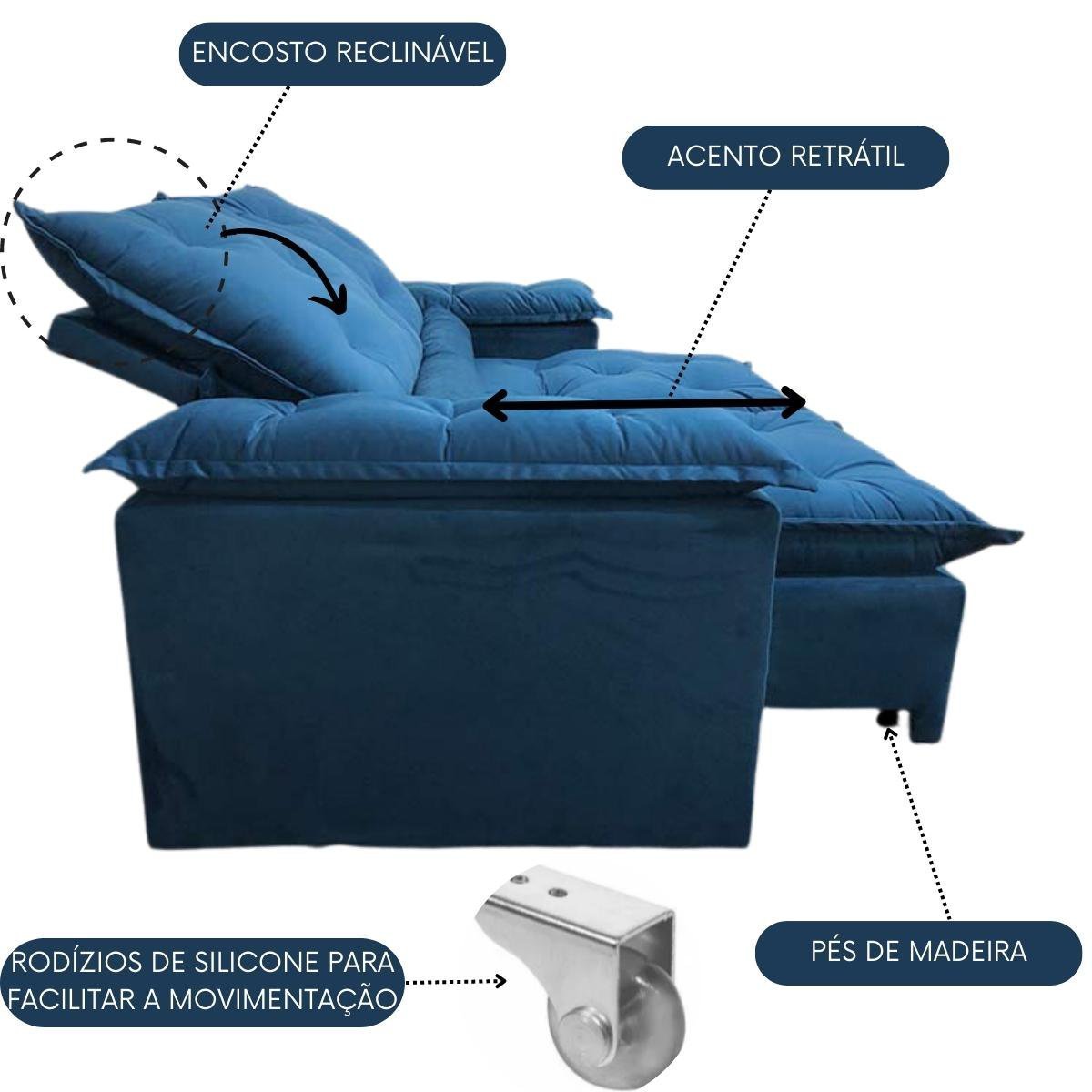 Sofa Reclinavel Retratil Design Elegante Athena 2,30m Veludo Cor:Azul - 2