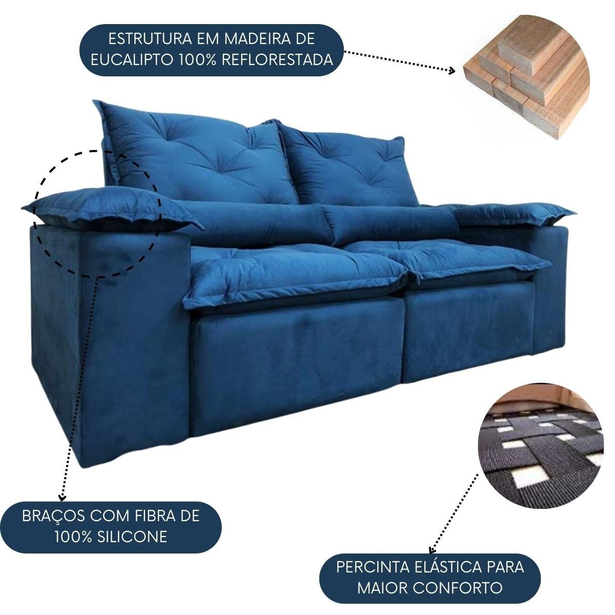 Sofa Reclinavel Retratil Design Elegante Athena 2,30m Veludo Cor:Azul - 3