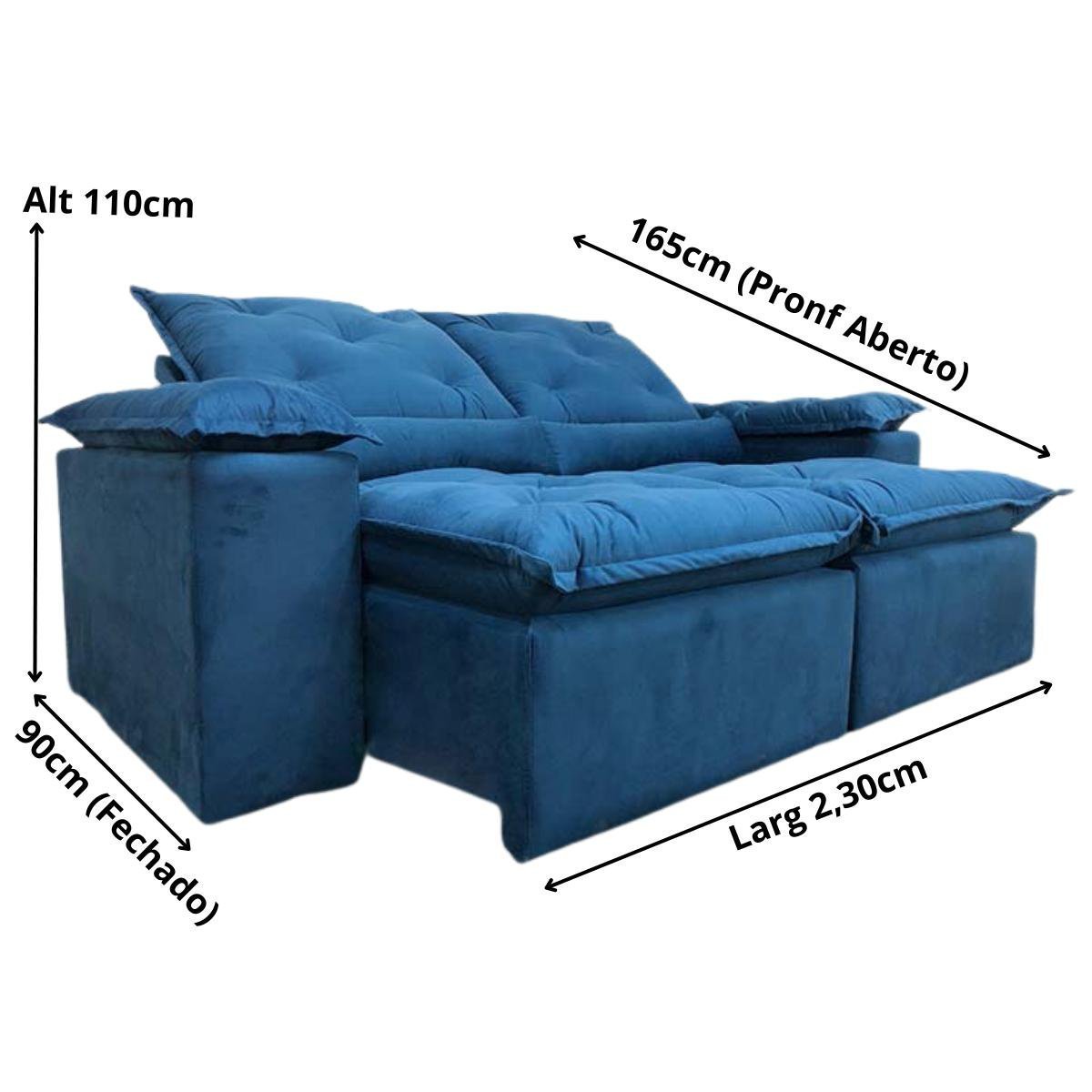 Sofa Reclinavel Retratil Design Elegante Athena 2,30m Veludo Cor:Azul - 5