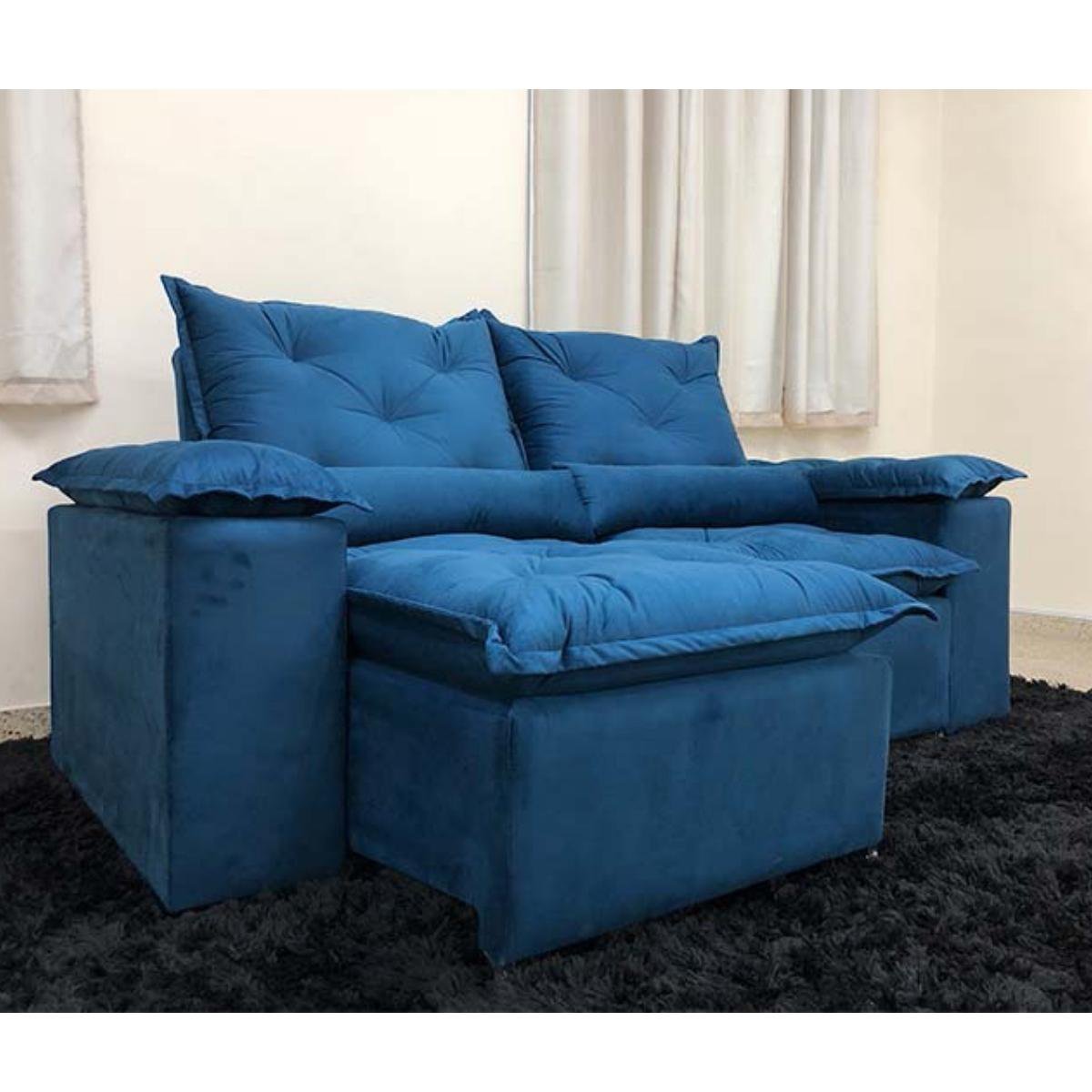 Sofa Reclinavel Retratil Design Elegante Athena 2,30m Veludo Cor:Azul