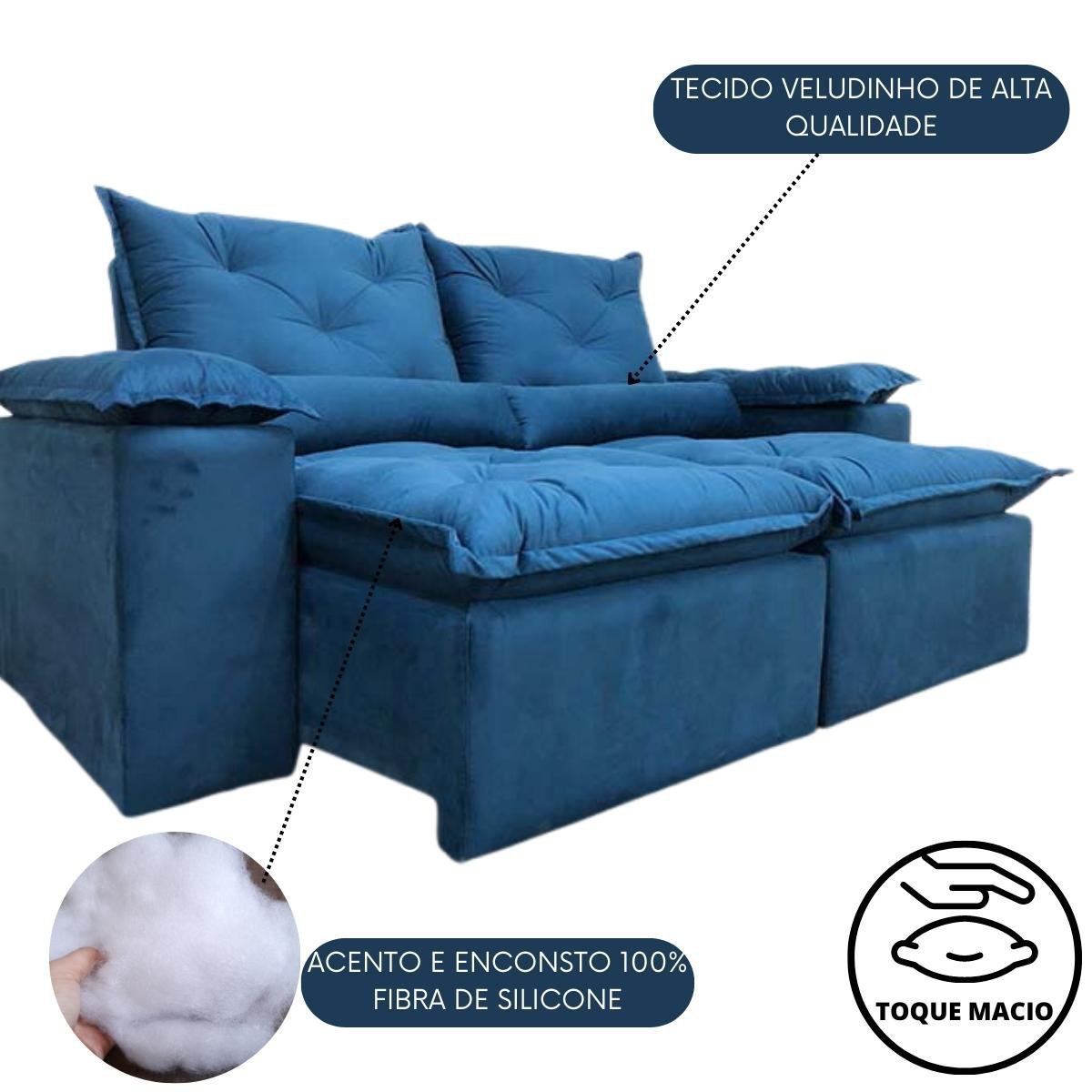 Sofa Reclinavel Retratil Design Elegante Athena 2,30m Veludo Cor:Azul - 4