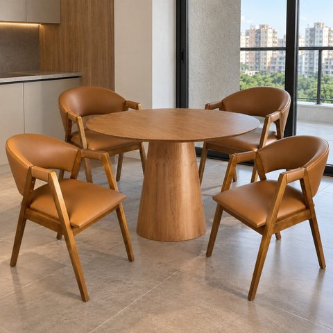 Mesa com Base em Cone 90cm Redondo & 4 Cadeiras Lithi Durango Macau Design Sofisticado