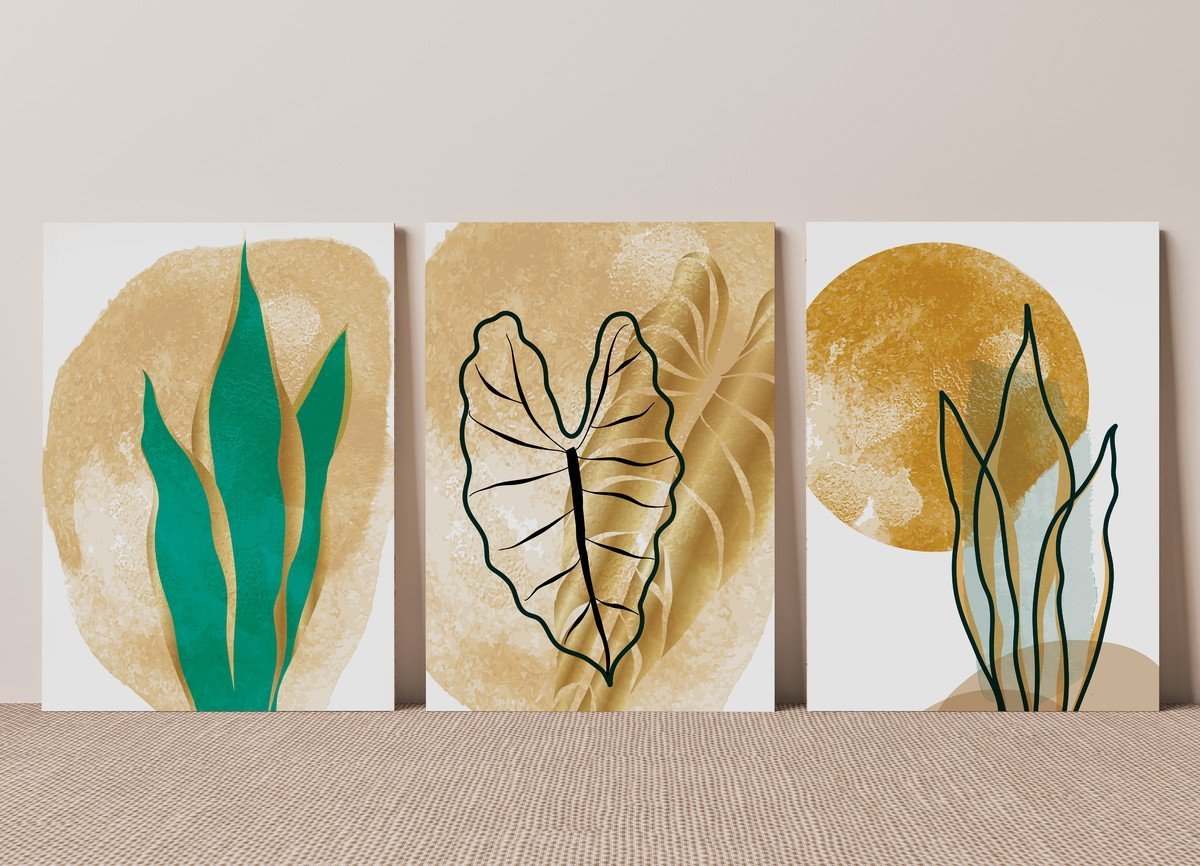 Kit de 3 Quadros Decorativos Boho Floral com Dourado