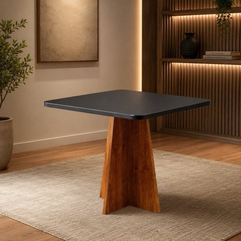 Mesa de Jantar Quadrada 4 Lugares com Tampo de Vidro Mel e Grafite Tulipa
