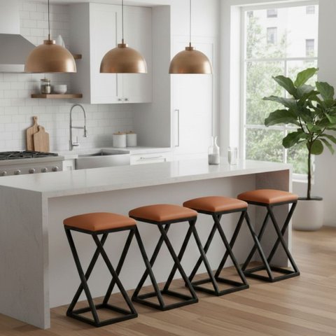 Kit 4 Banqueta Banco Baixa Bancada 50 Cm Cozinha Bar Corino:caramelo