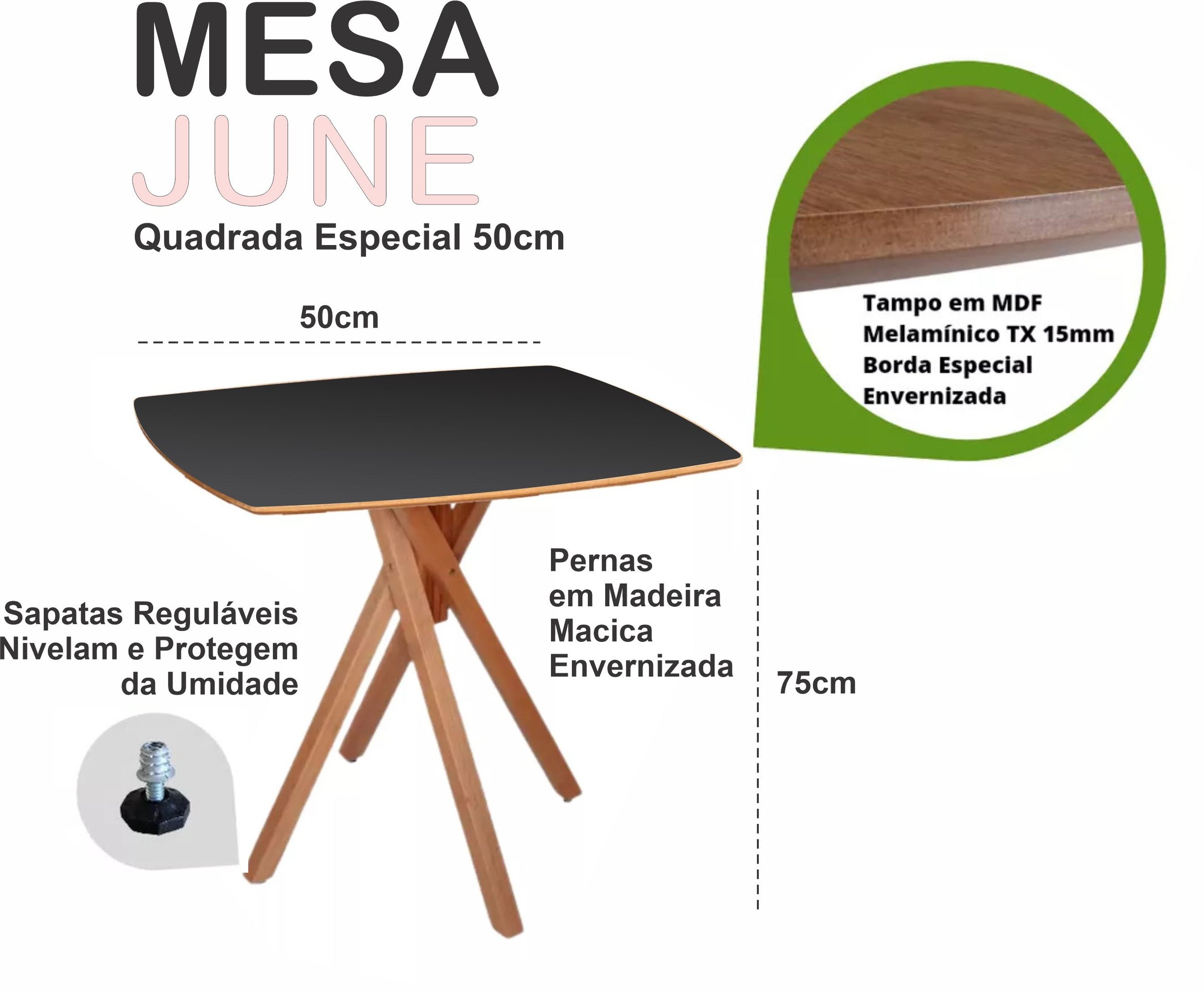 Mesa Quadrada Especial em Madeira de 50cm June na Cor Preta - 2