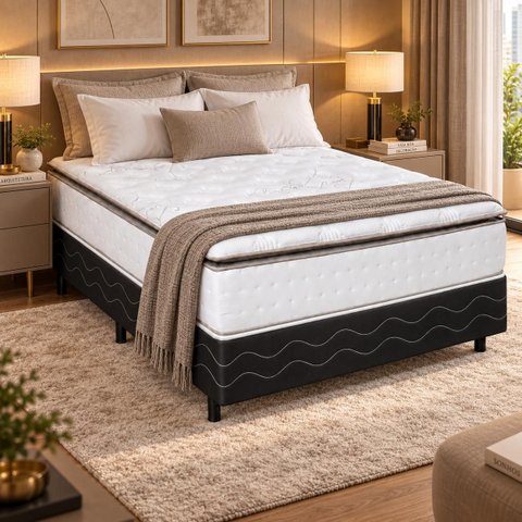 Cama Box Casal (Colchao + Base) Molas Ensacadas Kings Branco / Preto Gazin