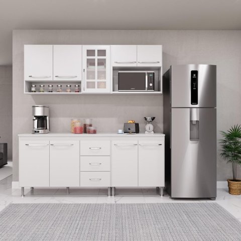Cozinha Modulada Compacta Fidelitá Viena 4 Peças 190cm 9 Portas 3 Gavetas com Tampo Branco