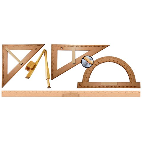 Conj 2 Kit Geométrico do Professor Mdf Com Régua 1 M, 1 Compasso Para Quadro Branco, 1 Esquadro 30/6