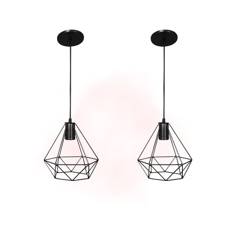 Kit 2 Luminárias Pendente Diamante Lustre Alumínio Retrô Cor:Preto;Tamanho:P