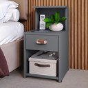 Ver imagem 3 de Kit Quarto 2 Mesinhas Pequena Gaveta Nicho Mudo Retrô Cabeceira Estofada Suspensa Cama Box Casal 1,