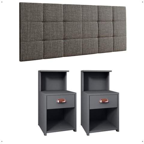 Kit Quarto 2 Mesinhas Pequena Gaveta Nicho Mudo Retrô Cabeceira Estofada Suspensa Cama Box Casal 1,