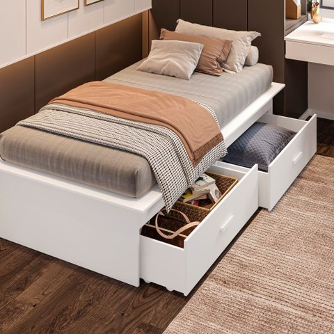 Cama Box Solteiro 02 Gavetas Dengo:branco