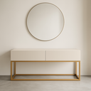 Ver imagem 3 de Rack para Sala Industrial Bancada Tv Ate 50/55 Polegadas 2 Gavetas Off White Pé de Ferro Dourado