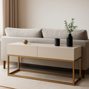 Ver imagem 2 de Rack para Sala Industrial Bancada Tv Ate 50/55 Polegadas 2 Gavetas Off White Pé de Ferro Dourado