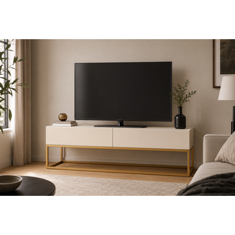 Rack para Sala Industrial Bancada TV até 55 Polegadas 2 Gavetas Off White Pé de Ferro Dourado