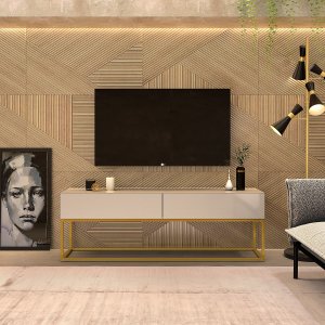 Rack Bancada Para Sala Tv Ate 50 Polegadas Off White/Dourado