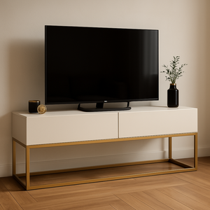 Rack para Sala Industrial Bancada Tv Ate 50/55 Polegadas 2 Gavetas Off White Pé de Ferro Dourado
