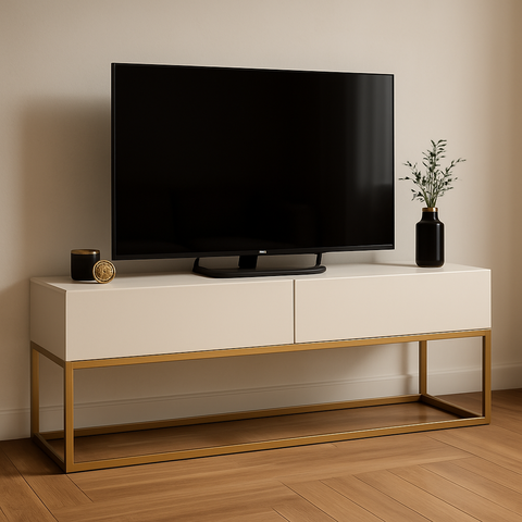 Rack para Sala Industrial Bancada Tv Ate 50/55 Polegadas 2 Gavetas Off White Pé de Ferro Dourado