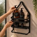 Ver imagem 2 de Porta Shampoo de Canto S-03 Banheiro 2 Prateleiras Gancho Superior Preto Yeet