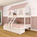 Ver imagem 1 de Beliche Casal/ Solteiro Casinha Encantada com 02 Gavetas Madeira Maciça Branco/ Rosa Megamobilia