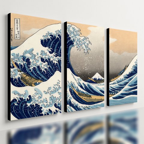 Kit 3 Quadro Decorativo Grande Onda de Kanagawa Japão Mar Elegante Moderno 28x20cm