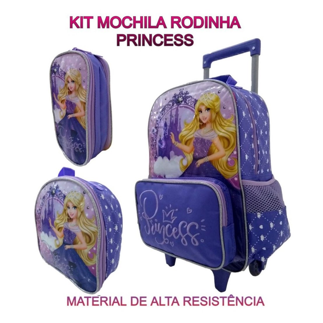 Kit Mochila Escolar Rodinha Menina Princesa Estojo Lancheira - Lilás - 2