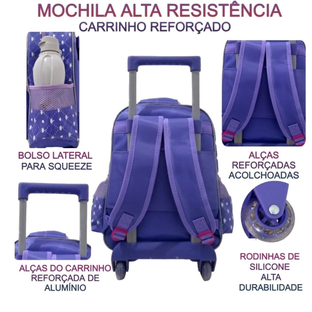 Kit Mochila Escolar Rodinha Menina Princesa Estojo Lancheira - Lilás - 5