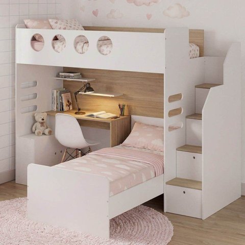 Cama Alta Office com Cama de Solteiro e Armário Baixo Star Maker Casatema MadeiraOriginals Branco