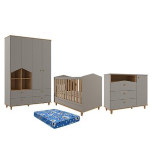 Dormitório Casinha Guarda Roupa, Cômoda 1 Porta e Berço Mimo Fendi/nature com Colchão Physical