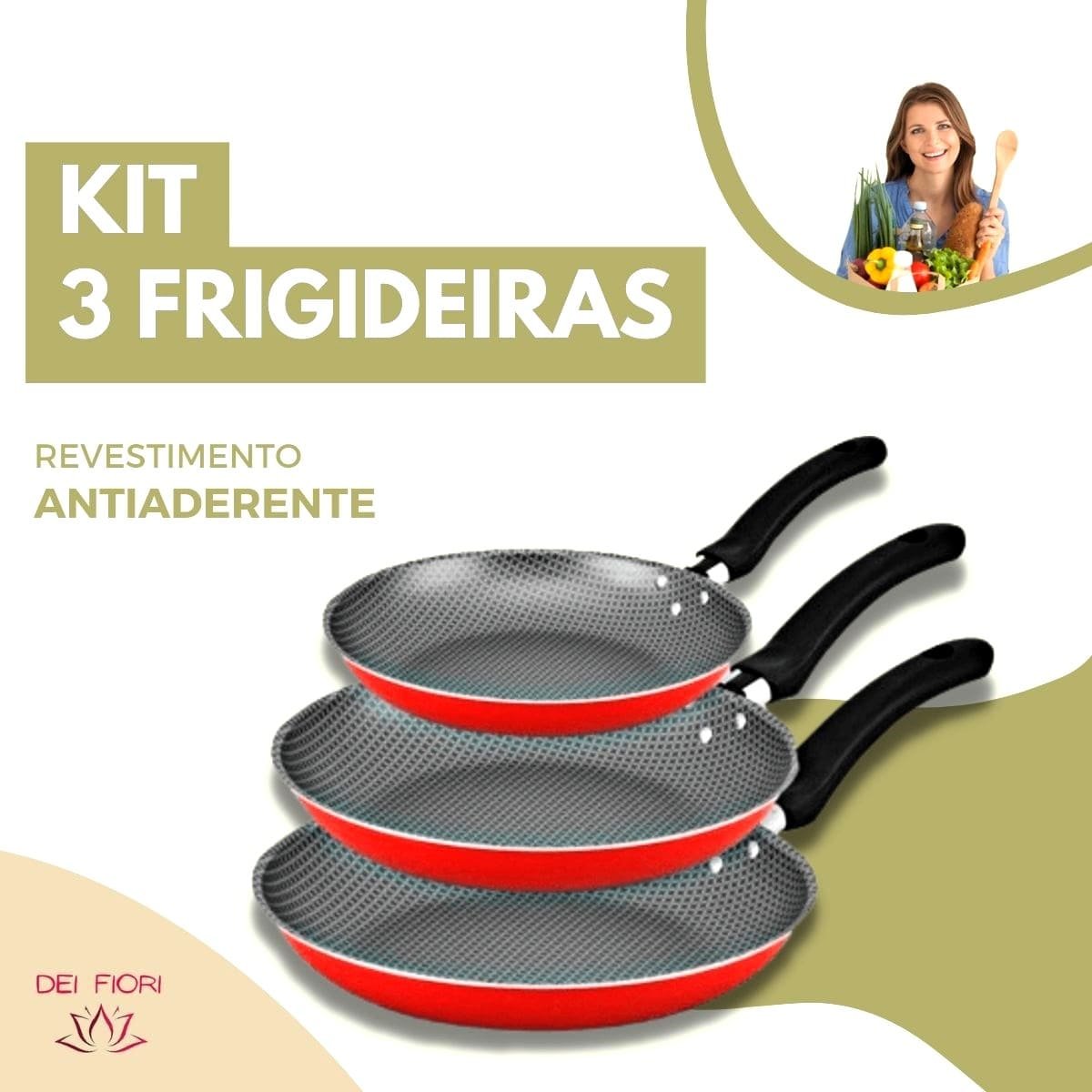 Kit Jogo Conjunto Frigideiras Antiaderentes 3 Peças Vermelha Aluminio Tres Tamanhos Omelete Panqueca - 4