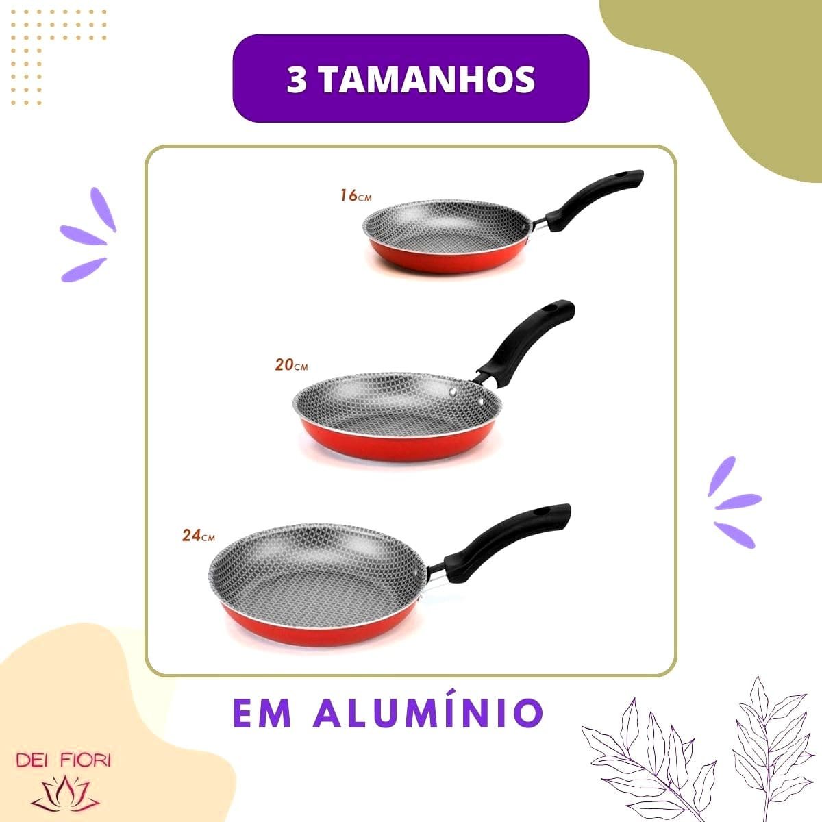 Kit Jogo Conjunto Frigideiras Antiaderentes 3 Peças Vermelha Aluminio Tres Tamanhos Omelete Panqueca - 3