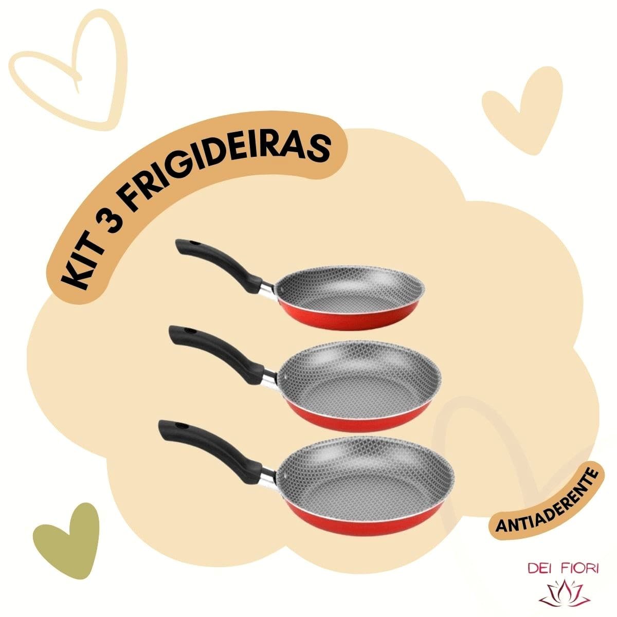 Kit Jogo Conjunto Frigideiras Antiaderentes 3 Peças Vermelha Aluminio Tres Tamanhos Omelete Panqueca - 7