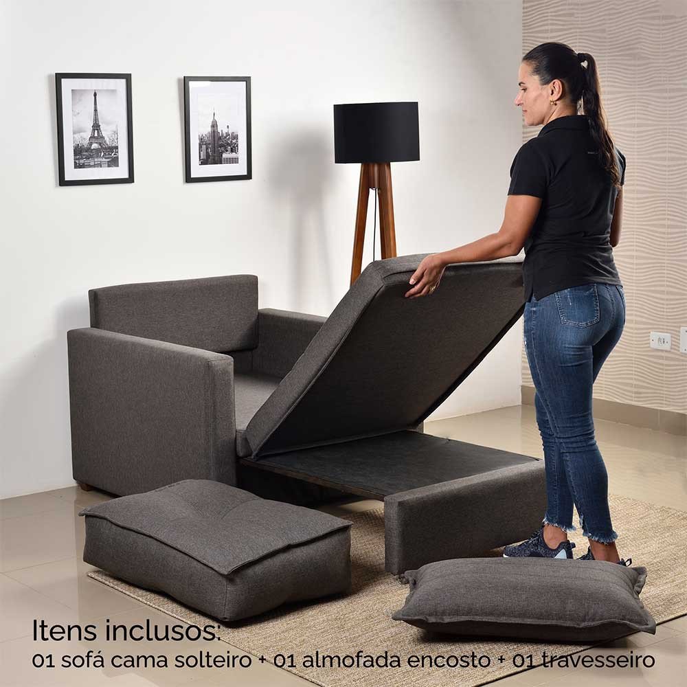 Sofá Cama Retrátil Solteiro Bono Cool Home Linho Cinza | MadeiraMadeira