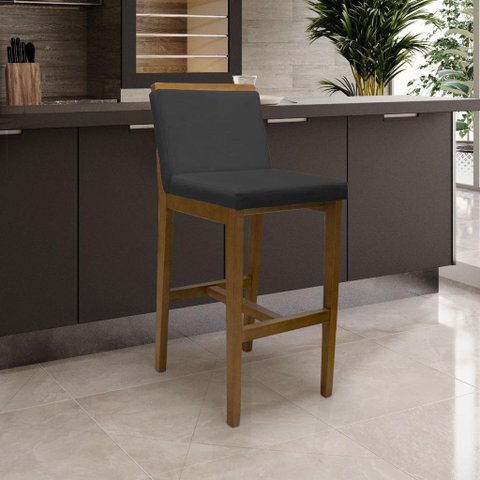 Banqueta Alta em Madeira Maciça Londres Linho Grafite