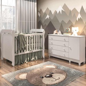 Quarto de Bebê Taís Berço Mini Cama Mirelle Cômoda Infantil 4 Gavetas com Porta Branco Carolina