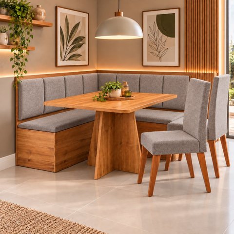 Conjunto Canto Alemão com Baú Mesa 120x77,5cm Tampo sem Vidro com 2 Cadeiras Milão Bege/Mel/Kaki