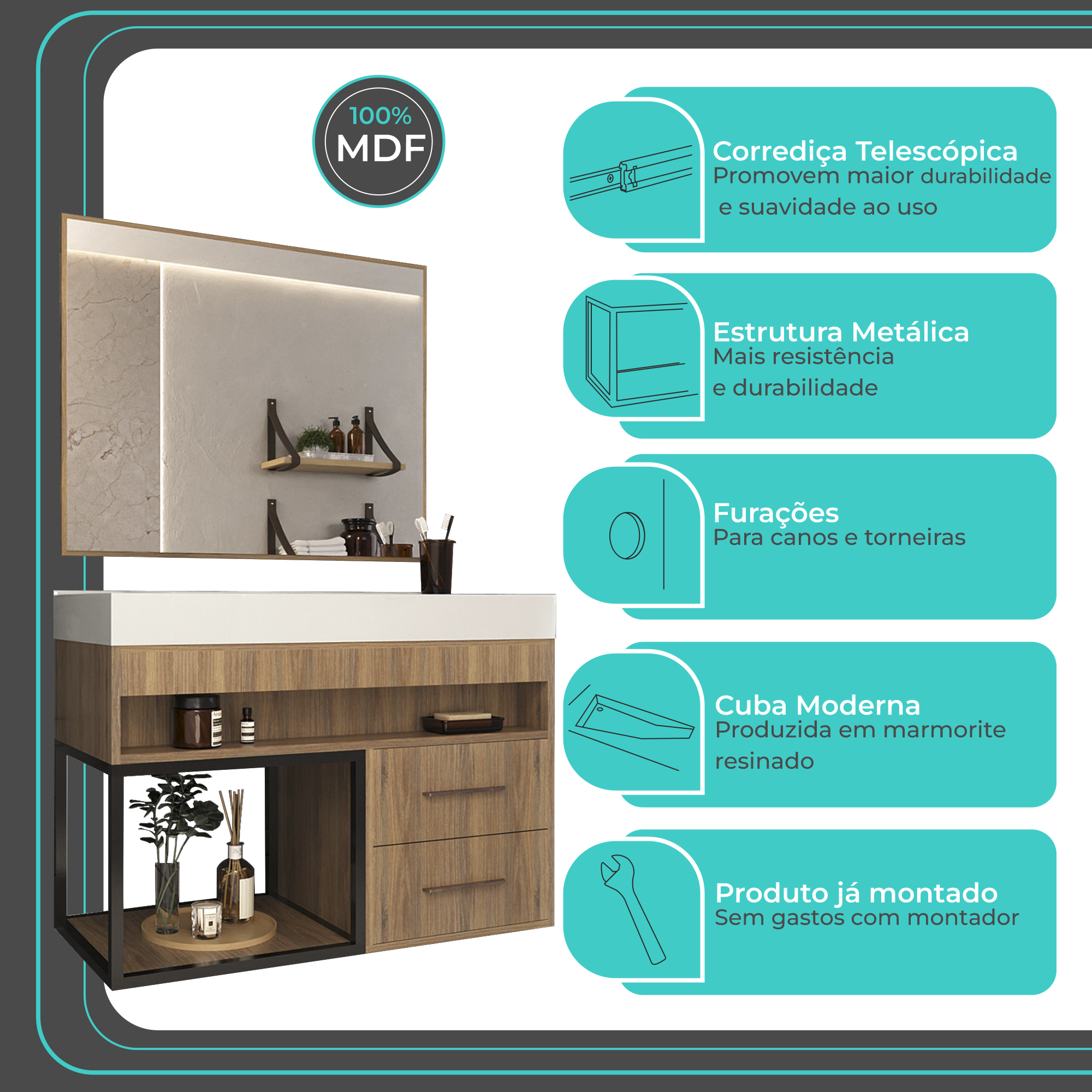 Gabinete para Banheiro com Cuba e Espelheira New Plus Noce - Moville - 2