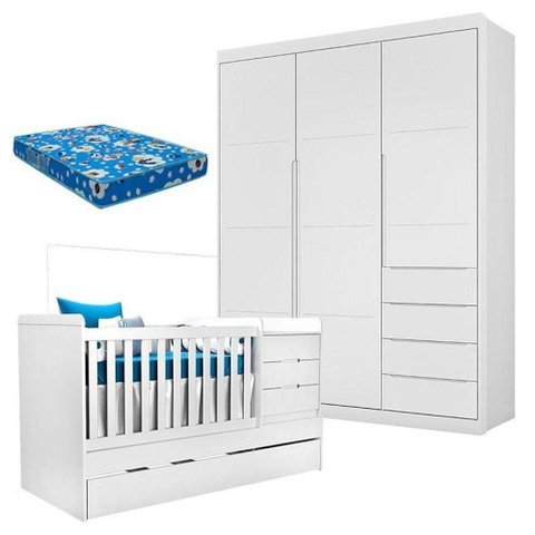 Berço Multifuncional Cleo com Guarda Roupa Blenda Branco Acetinado e Colchão – Phoenix